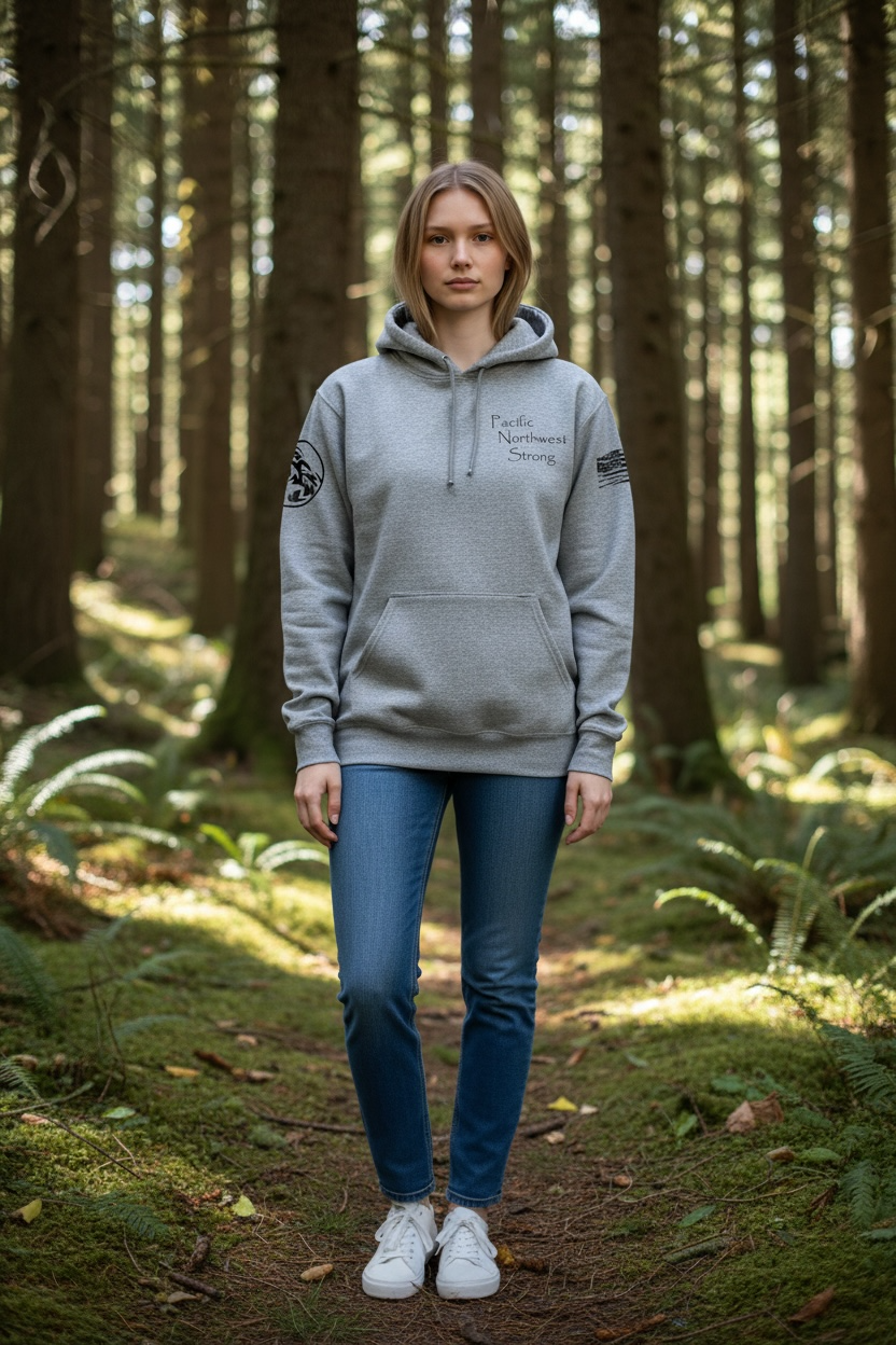 A gray hoodie with black vinyl graphics on sleeves and front left pocket