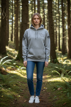 A gray hoodie with black vinyl graphics on sleeves and front left pocket