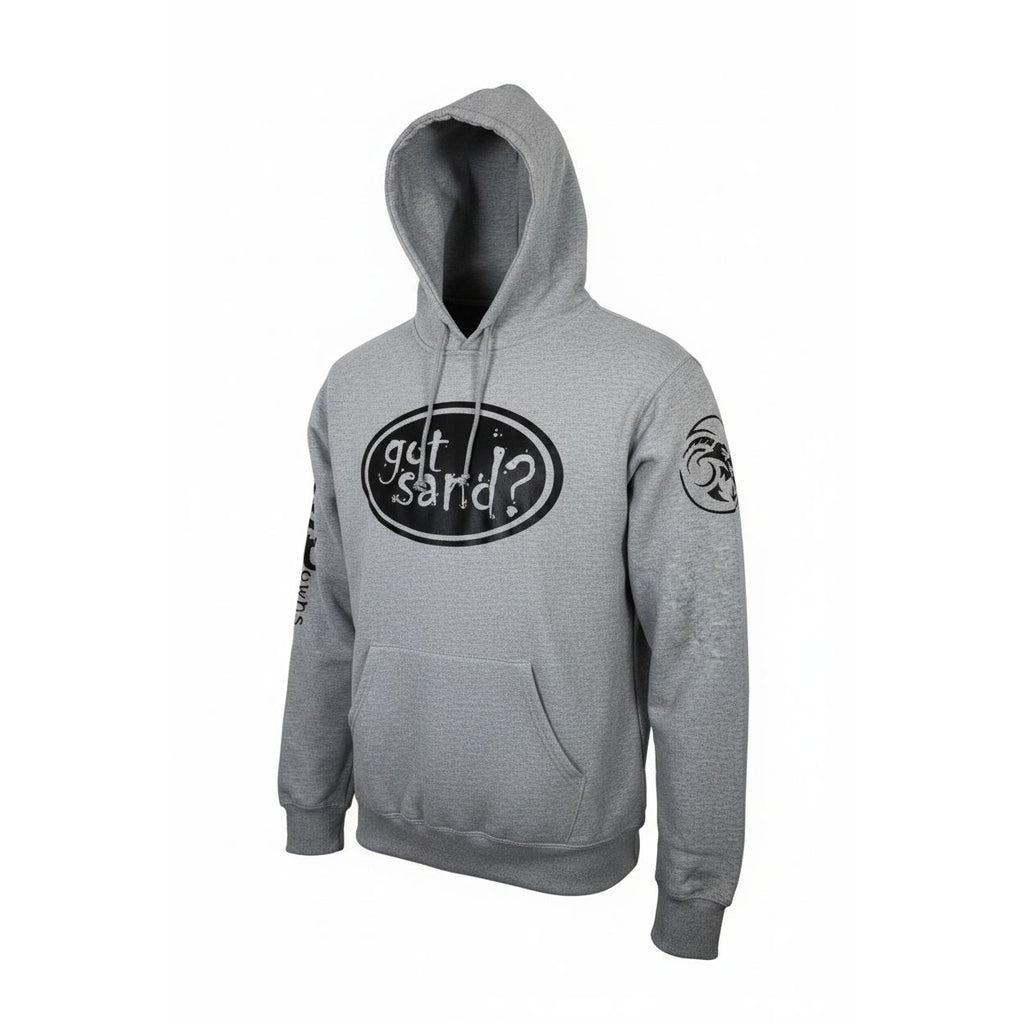 Gray hoodie with black logo and text on a white background