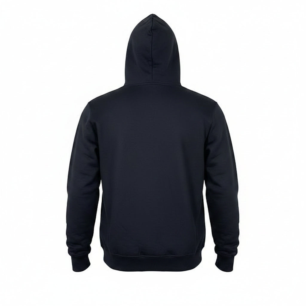 Black hoodie laid flat on a white background