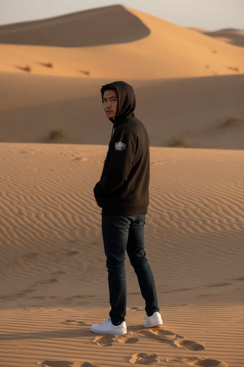 Person wearing a hoodie standing on sand dunes in a desert