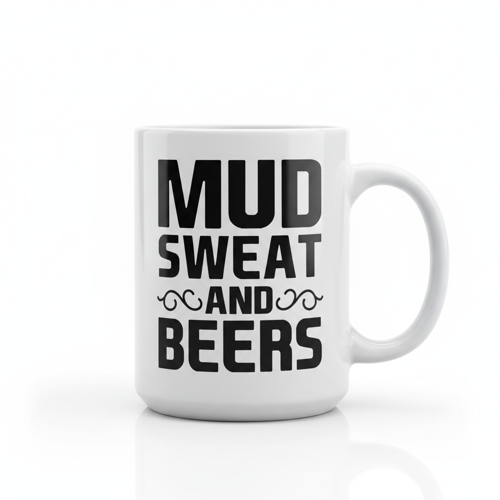 Text 'MUD SWEAT AND BEERS' in black on a white coffee mug